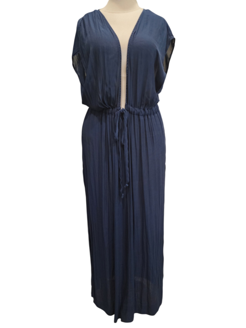 Forever 21 Plus Navy Blue V-Neck Maxi Dress 2X Flowy Crinkle Pleated Boho Beach